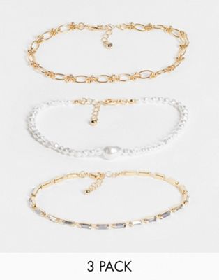 ASOS DESIGN pack of 3 anklets with pearl and baguette crystal in gold tone