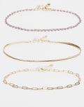 [ASOS DESIGN] ASOS DESIGN pack of 3 anklets with purple beads and chain in gold tone No Size Gold