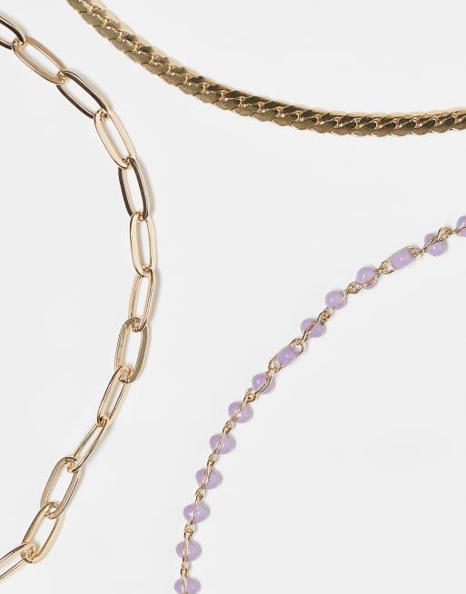 ASOS DESIGN pack of 3 anklets with purple beads and chain in gold tone, 2 of 3