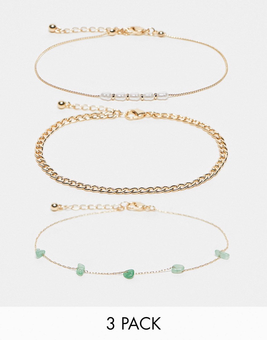 Asos Design Pack Of 3 Anklets With Real Semi Precious Stone And Faux Pearl Design In Gold Tone