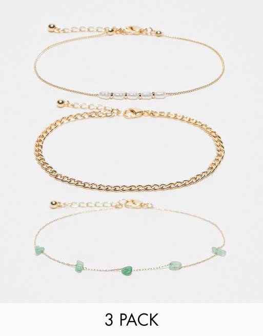 FhyzicsShops DESIGN pack of 3 anklets with real semi precious stone and faux pearl design in gold tone