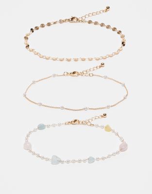 Asos Design Pack Of 3 Anklets With Real Semi Precious Stone And Faux Pearl Design In Gold