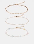 [ASOS DESIGN] ASOS DESIGN pack of 3 anklets with real semi precious stone and faux pearl design in gold tone No Size Gold
