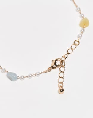 ASOS DESIGN PACK OF 3 ANKLETS WITH REAL SEMI PRECIOUS STONE AND FAUX PEARL DESIGN