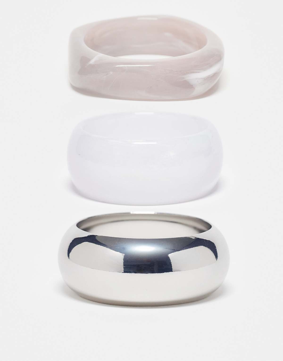 ASOS DESIGN pack of 3 bangle bracelets in resin and metal in silver tone