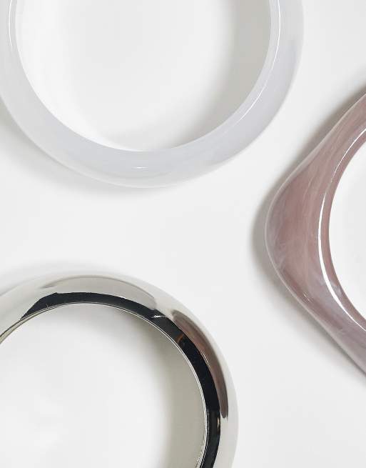 ASOS DESIGN pack of 3 bangle bracelets in resin and metal in silver tone