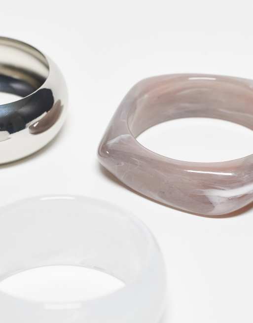 ASOS DESIGN pack of 3 bangle bracelets in resin and metal in silver tone