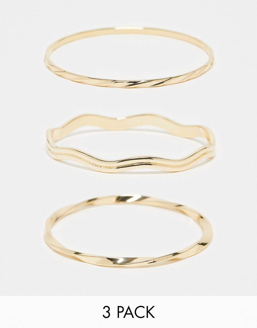ASOS DESIGN pack of 3 bangle bracelets with mixed design in gold tone