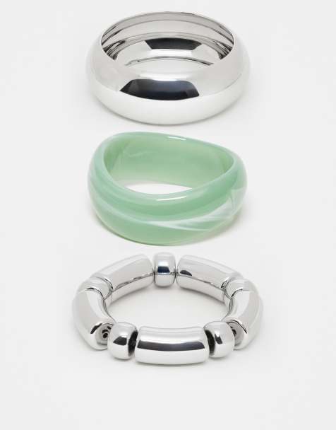ASOS DESIGN pack of 3 bangles in green resin and silver tone - view 1