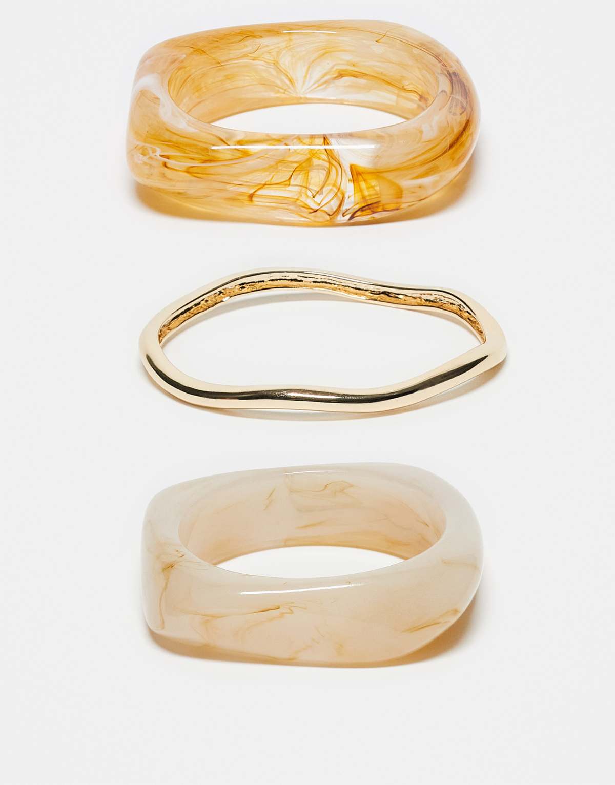 ASOS DESIGN pack of 3 bangles in mixed resin and gold tone
