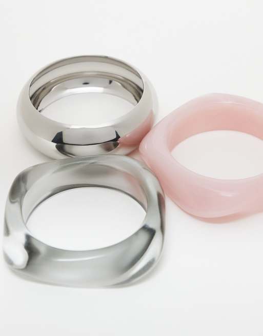 ASOS DESIGN pack of 3 bangles in mixed resin and silver tone, 2 of 3