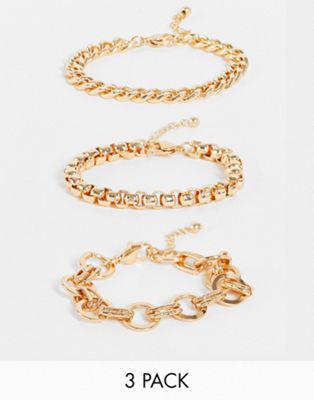 ASOS DESIGN pack of 3 bracelets mixed vintage style chain in gold tone