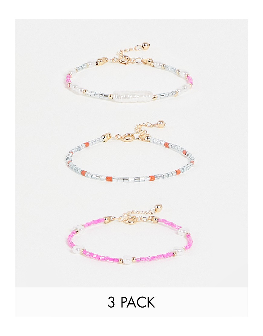 ASOS DESIGN pack of 3 bracelets with bead and pearl design in gold tone