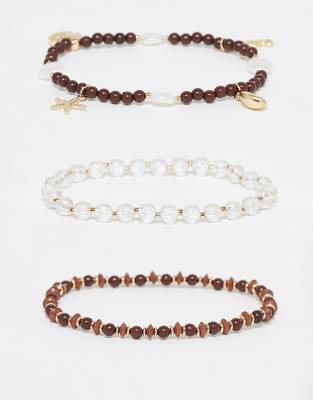 ASOS DESIGN ASOS DESIGN pack of 3 bracelets with brown beads in gold tone-Multi