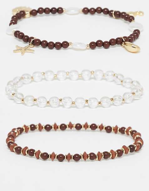 ASOS DESIGN pack of 3 bracelets with brown beads in gold tone - view 1