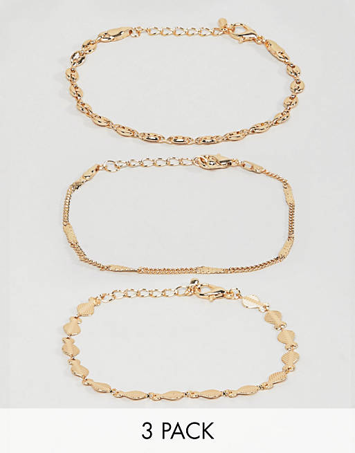 ASOS DESIGN pack of 3 bracelets with delicate chain and disc detail in gold