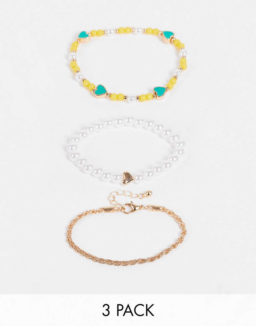 ASOS DESIGN pack of 3 bracelets with enamel heart and pearl-Multi