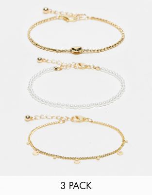 ASOS DESIGN ASOS DESIGN pack of 3 bracelets with pearl and puff heart in gold tone
