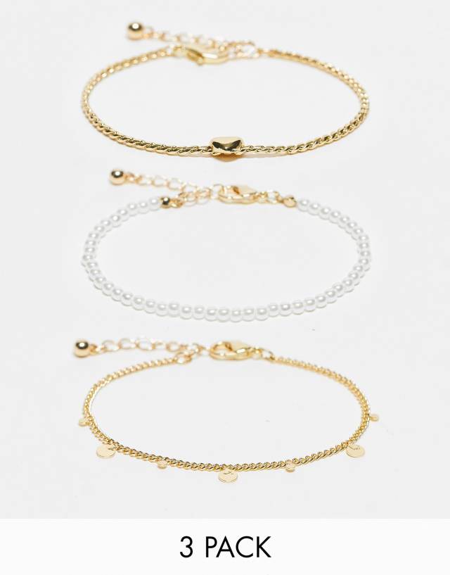 ASOS DESIGN pack of 3 bracelets with pearl and puff heart in gold tone