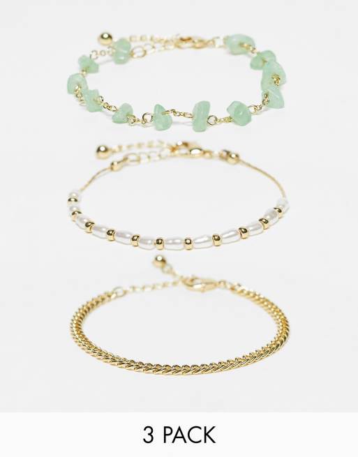 ASOS DESIGN pack of 3 bracelets with semi precious chippings and pearl in gold tone