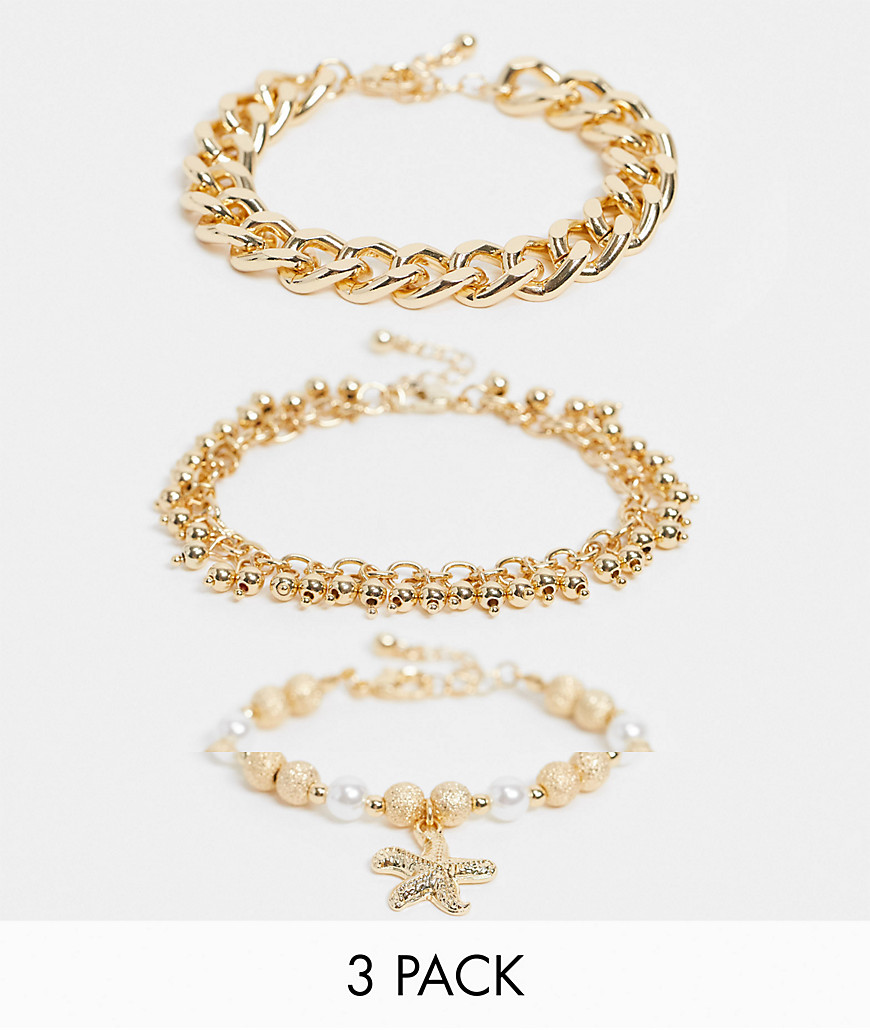 ASOS DESIGN pack of 3 bracelets with starfish charm in pearl and gold tone