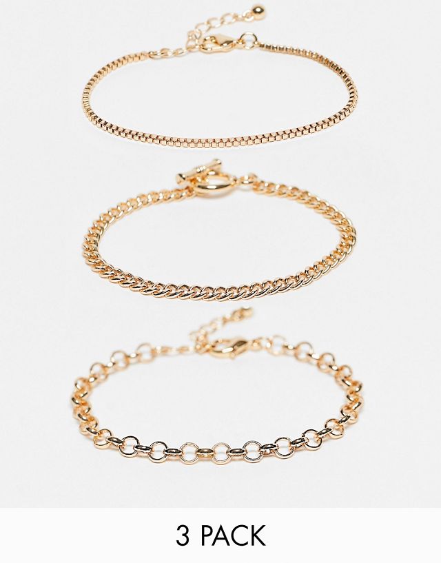 ASOS DESIGN pack of 3 bracelets with t bar in gold tone
