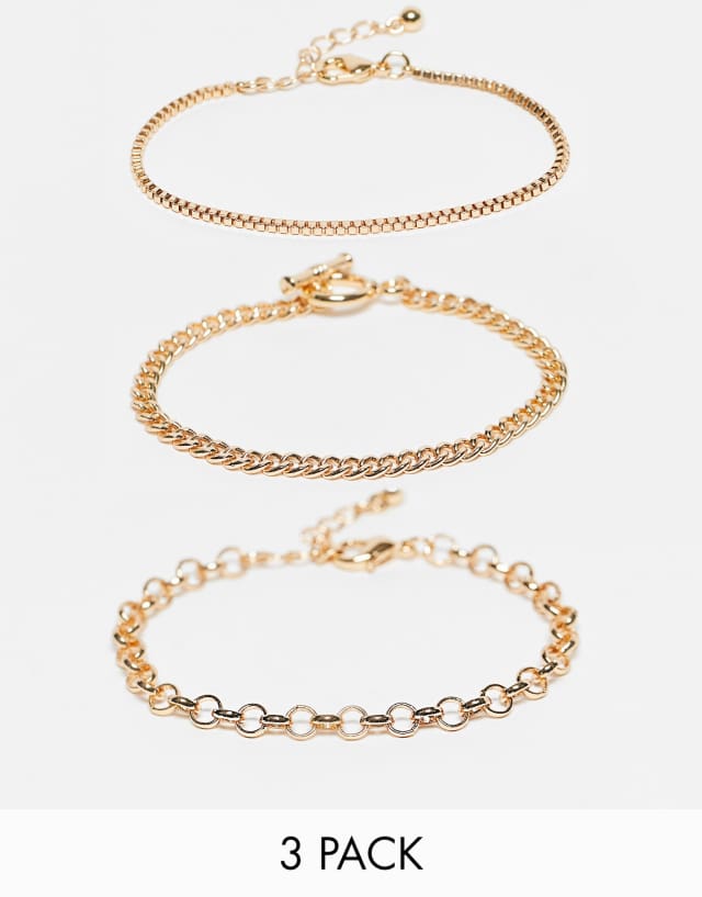 ASOS DESIGN pack of 3 bracelets with t bar in gold tone