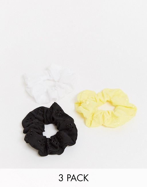 ASOS DESIGN pack of 3 broiderie scrunchies in yellow white and black