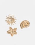 [ASOS DESIGN] ASOS DESIGN pack of 3 brooches in sun, shell and starfish design in gold tone No Size Gold