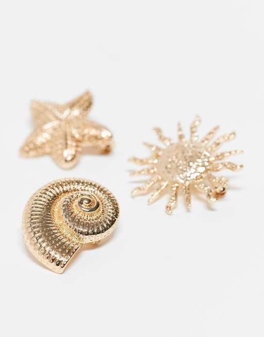 ASOS DESIGN pack of 3 brooches in sun, shell and starfish design in gold tone