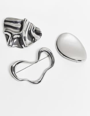 Asos Design Pack Of 3 Brooches With Molten Designs In Silver