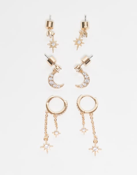 ASOS DESIGN pack of 3 celestial earrings with cubic zirconia stones in gold tone with gift bag - view 1