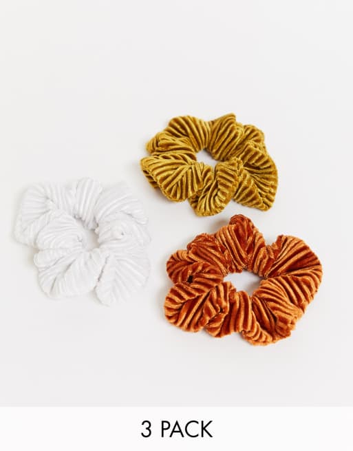 ASOS DESIGN pack of 3 cord scrunchies in rust white and mustard