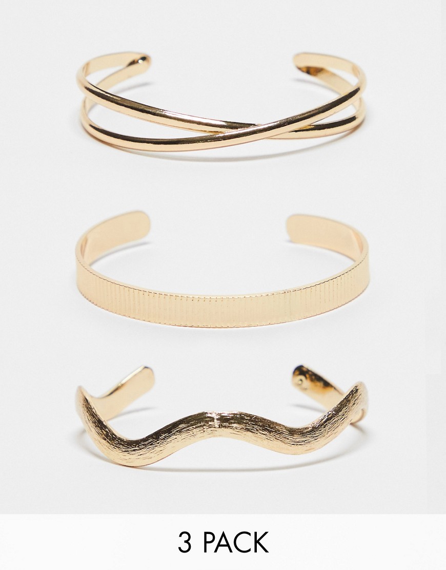 ASOS DESIGN pack of 3 cuff bracelets with mixed design in gold tone