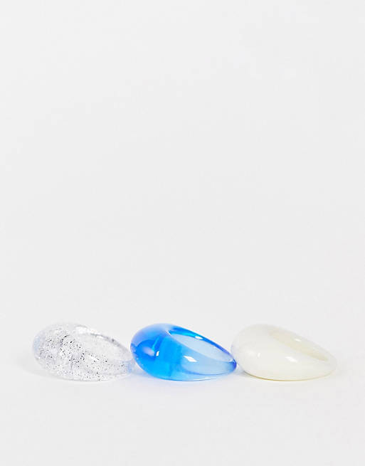 ASOS DESIGN pack of 3 domed rings in blue cream and glitter