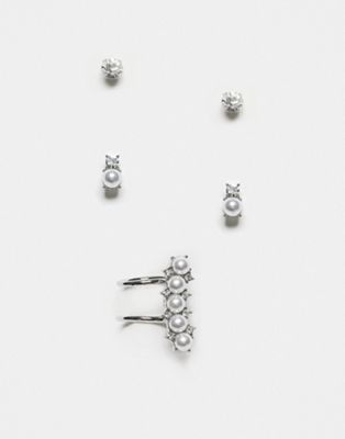 ASOS DESIGN pack of 3 ear party earrings with crystal and pearl design in gold tone