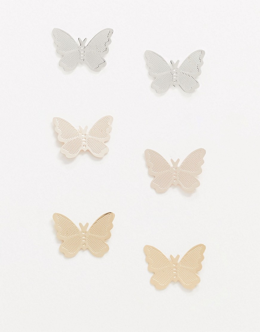 ASOS DESIGN pack of 3 earrings in butterfly designs-Silver