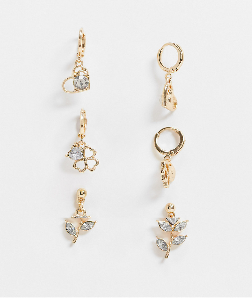 ASOS DESIGN pack of 3 earrings with clover heart and rose charms in gold tone