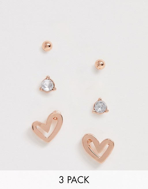 ASOS DESIGN pack of 3 earrings with cut out heart and studs in rose gold tone
