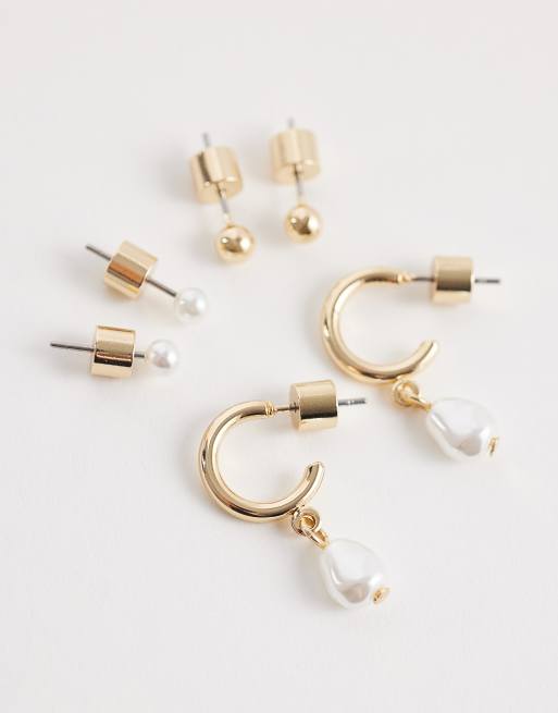 ASOS DESIGN pack of 3 earrings with faux pearls and gold-tone studs, 3 of 3