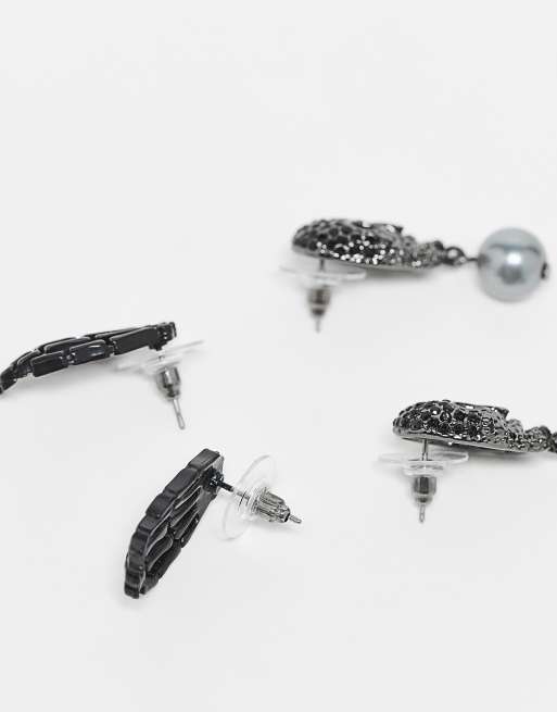 ASOS DESIGN pack of 3 earrings with skeleton and bat design, 2 of 3