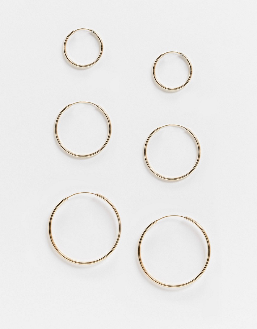 ASOS DESIGN pack of 3 fine hoop earrings in gold tone