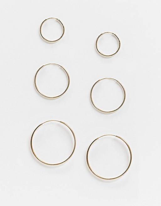 ASOS DESIGN pack of 3 fine hoop earrings in gold tone
