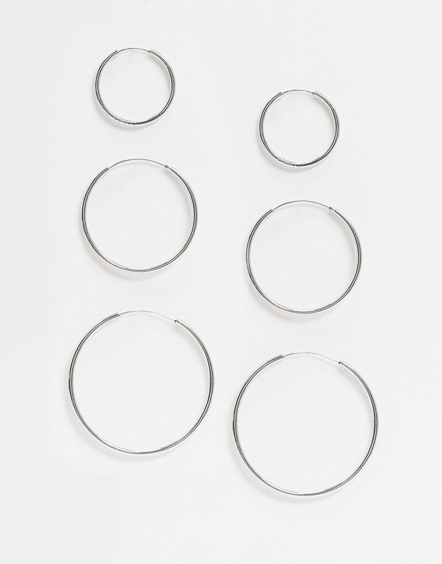 ASOS DESIGN pack of 3 fine hoop earrings in silver tone
