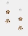 [ASOS DESIGN] ASOS DESIGN pack of 3 floral stud earrings in faux pearl and gold tones No Size GOLD