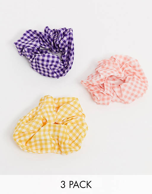 ASOS DESIGN pack of 3 gingham scrunchies in yellow pink and blue
