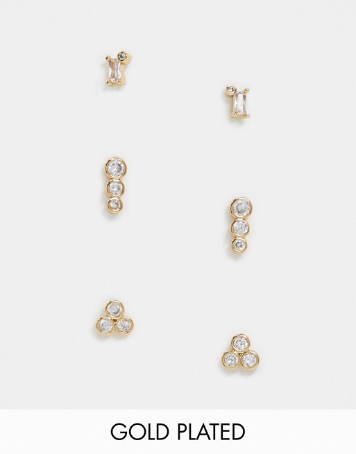 ASOS DESIGN pack of 3 gold plated stud earrings with crystal designs