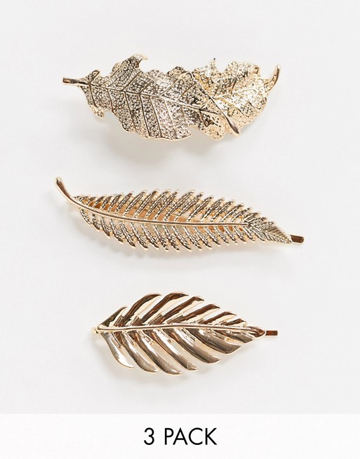 ASOS DESIGN pack of 3 hair clips in leaf designs in gold tone