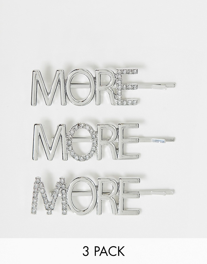 ASOS DESIGN pack of 3 hair clips in more more more slogan in silver tone