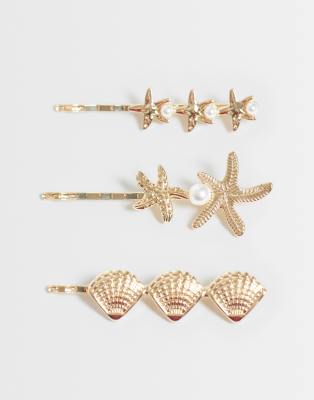 Asos Design Pack Of 3 Hair Clips With Mixed Sea-life Design In Gold